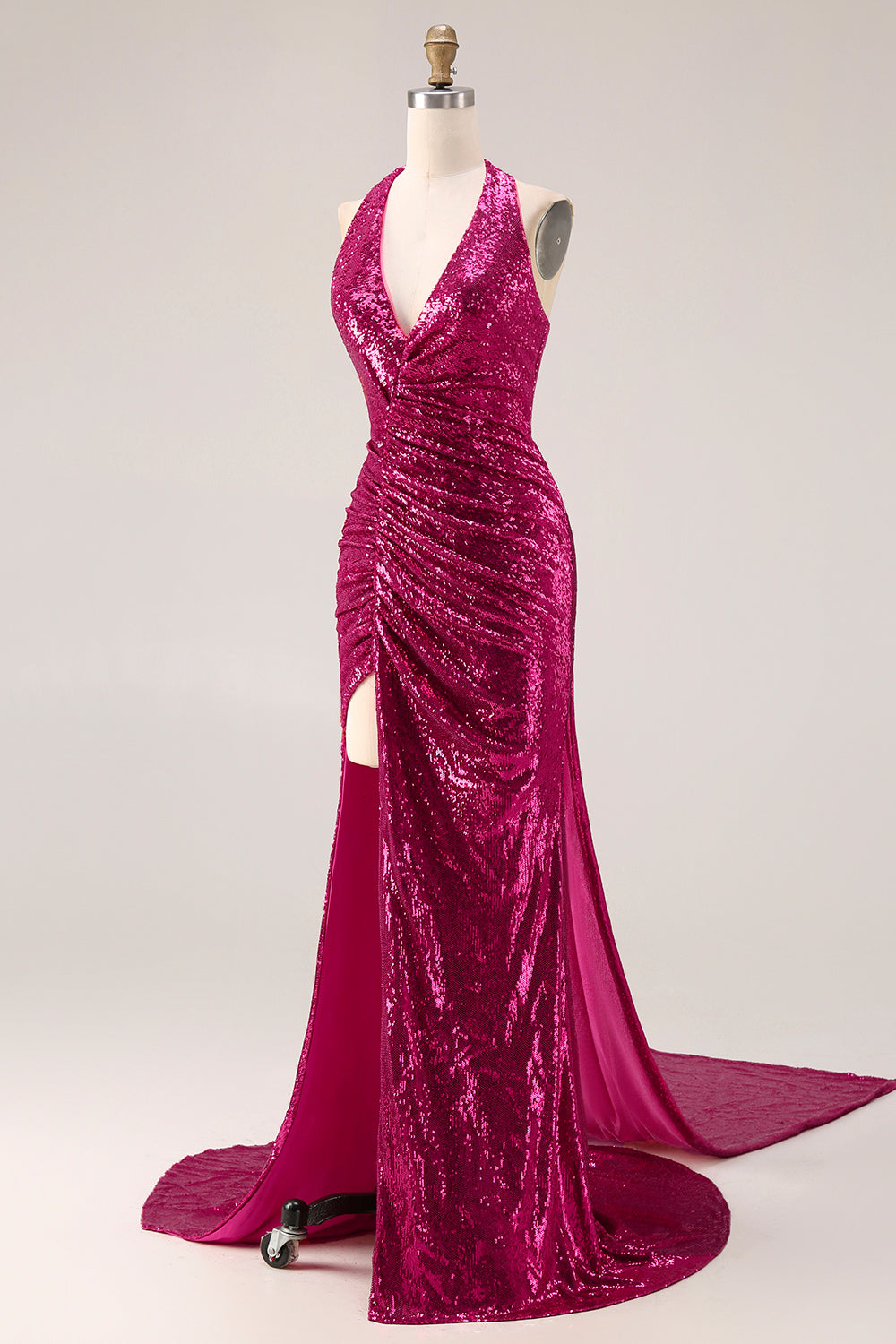 Sparkly Fuchsia Halter Ruched Mermaid Prom Dress