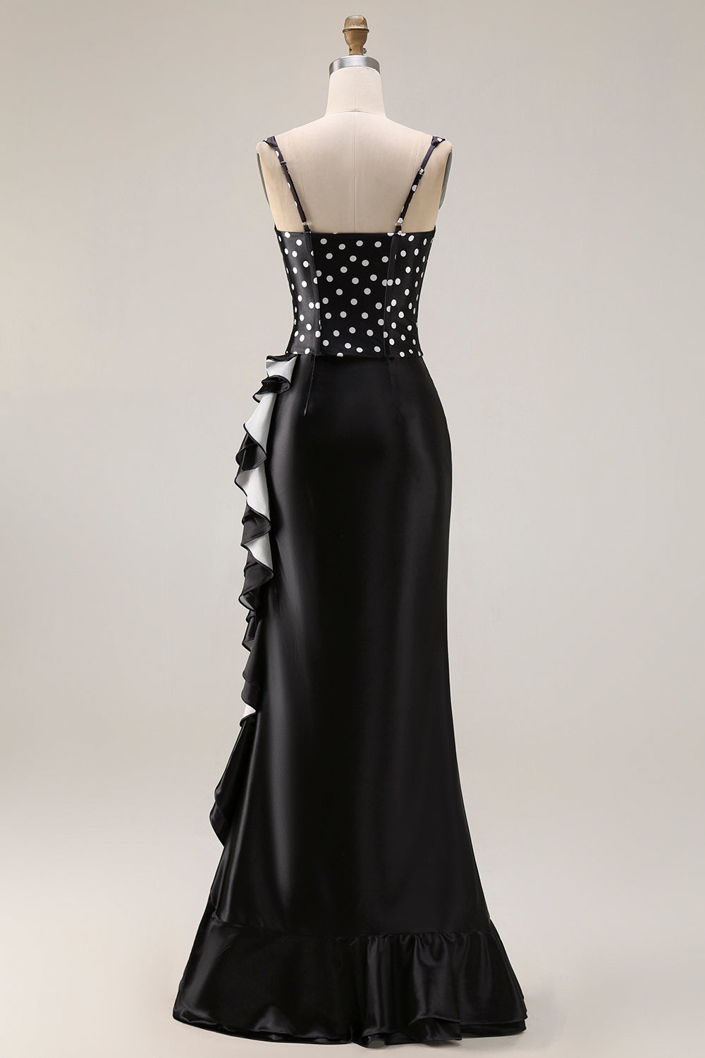 Black White Polka Dot Mermaid Corset Ruffled Prom Dress