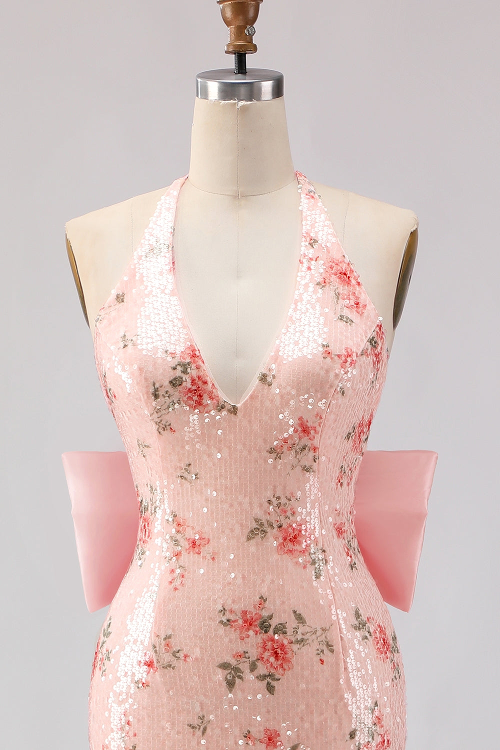 Sparkly Blush Floral Halter Mermaid Cut Out Prom Dress