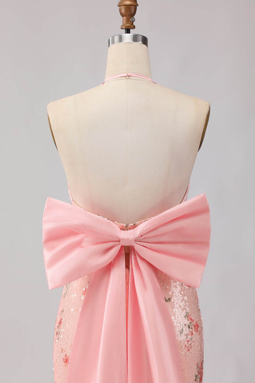 Sparkly Blush Floral Halter Mermaid Cut Out Prom Dress