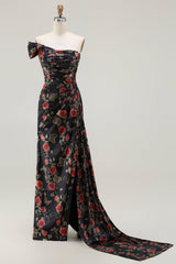 Black Red Flower One Shoulder Sheath Prom Dress With Side Cape