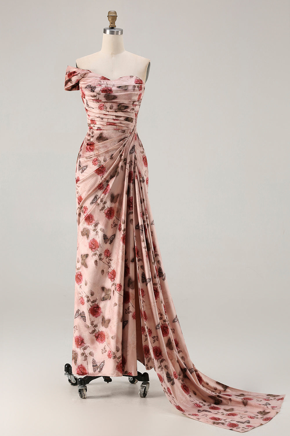 Black Red Flower One Shoulder Sheath Prom Dress With Side Cape