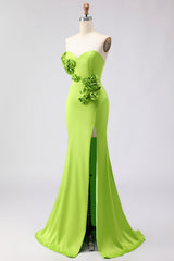 Green Mermaid 3D Flowers Strapless Prom Dress