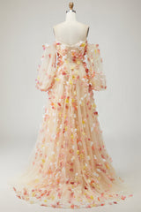 Floral Champagne A-Line Strapless Maxi Prom Dress With Removable Sleeves