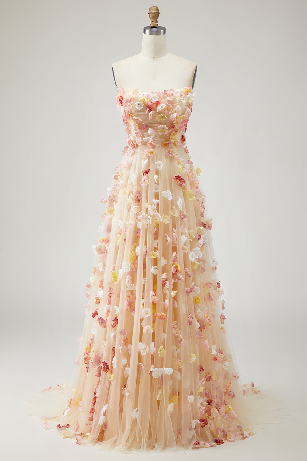 Floral Champagne A-Line Strapless Maxi Prom Dress With Removable Sleeves