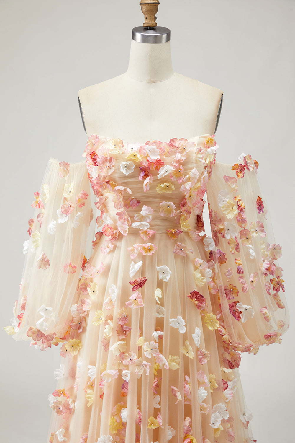 Floral Champagne A-Line Strapless Maxi Prom Dress With Removable Sleeves