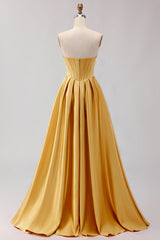 Strapless Golden Satin A Line Corset Prom Dress