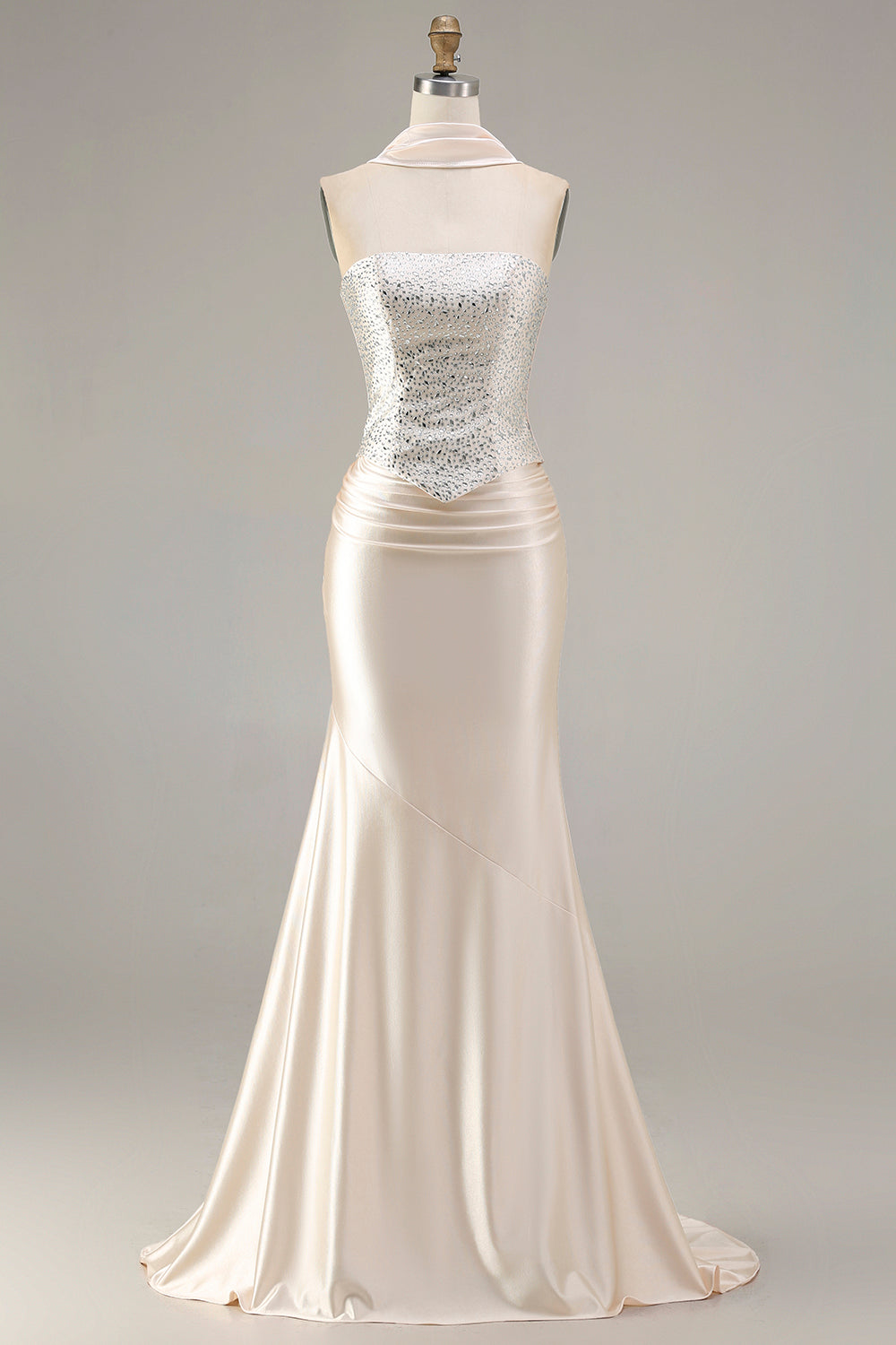 Champagne Satin Mermaid Beaded Strapless Prom Dress With Streamer
