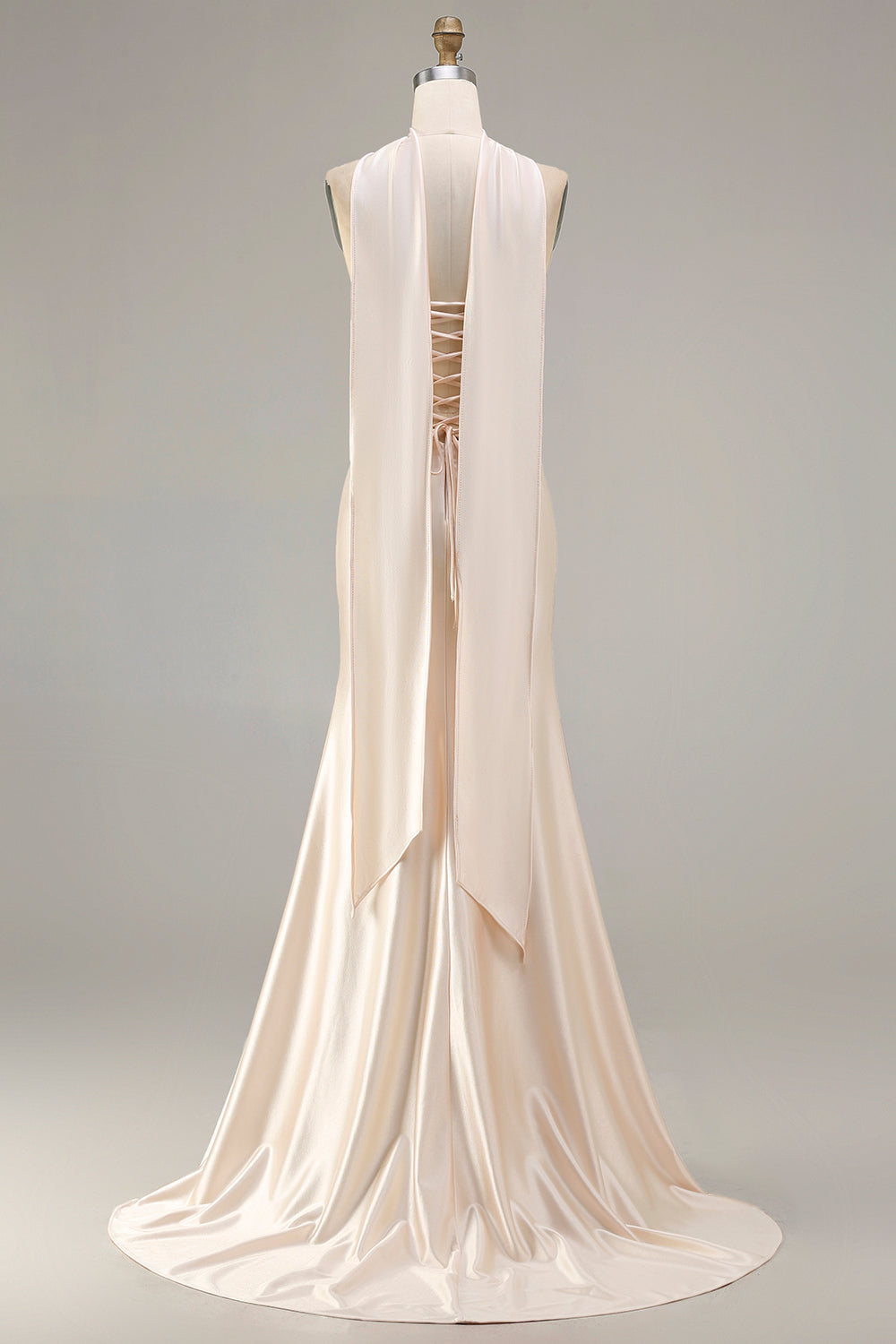 Champagne Satin Mermaid Beaded Strapless Prom Dress With Streamer