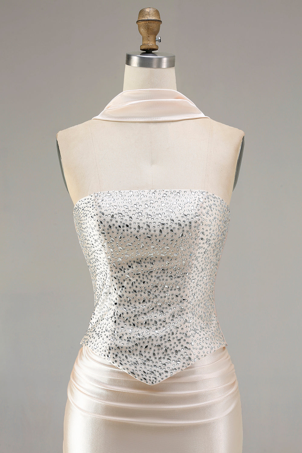 Champagne Satin Mermaid Beaded Strapless Prom Dress With Streamer