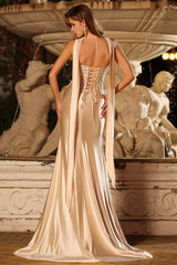 Champagne Satin Mermaid Beaded Strapless Prom Dress With Streamer
