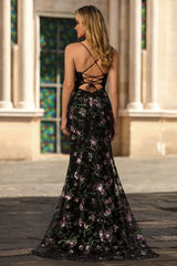Black Purple Flower Mermaid Sequin Embroidered Prom Dress