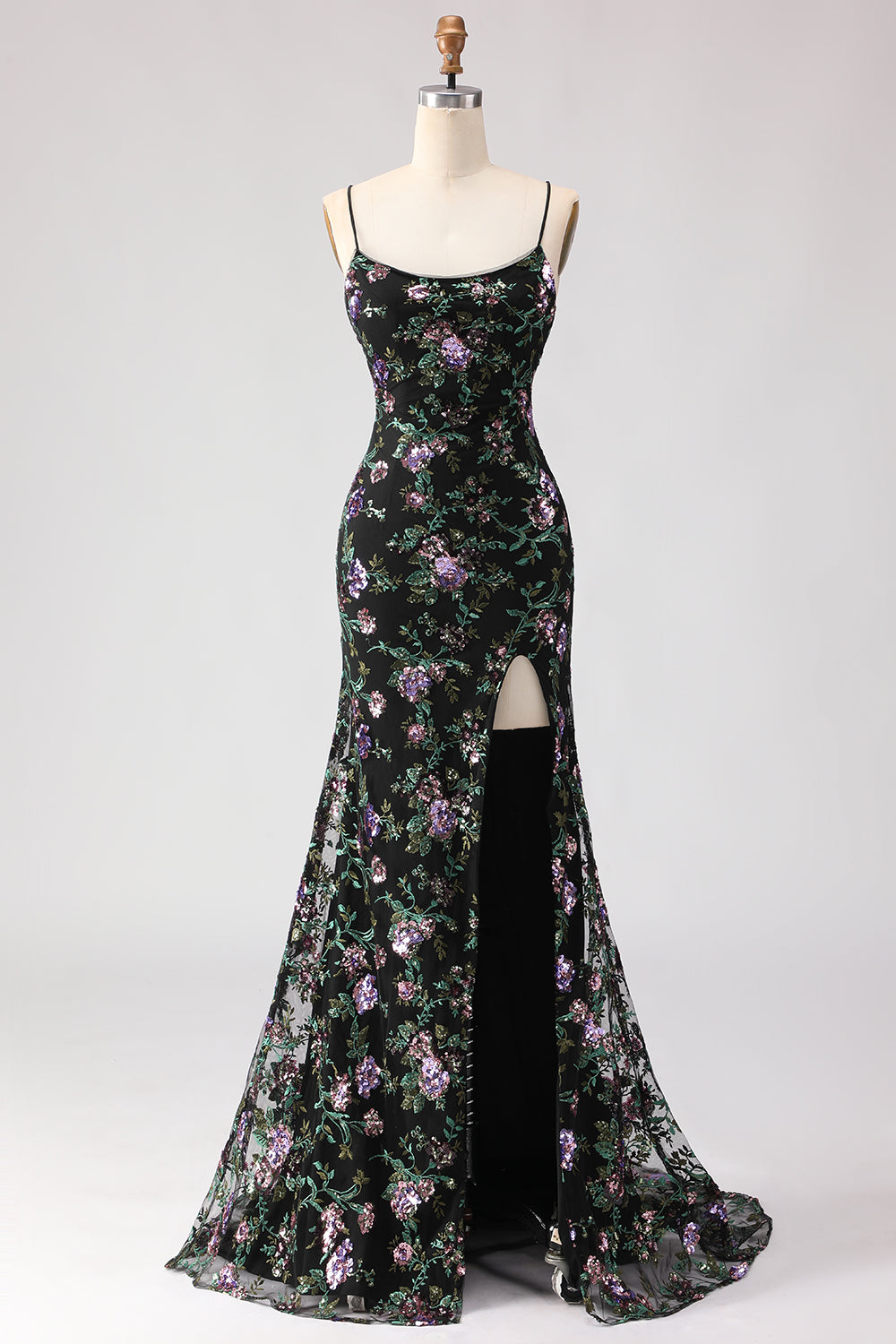 Black Purple Flower Mermaid Sequin Embroidered Prom Dress