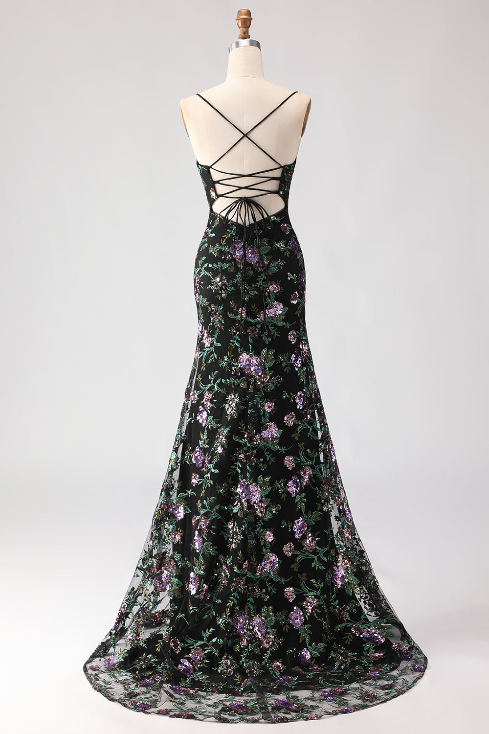 Black Purple Flower Mermaid Sequin Embroidered Prom Dress