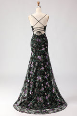 Black Purple Flower Mermaid Sequin Embroidered Prom Dress