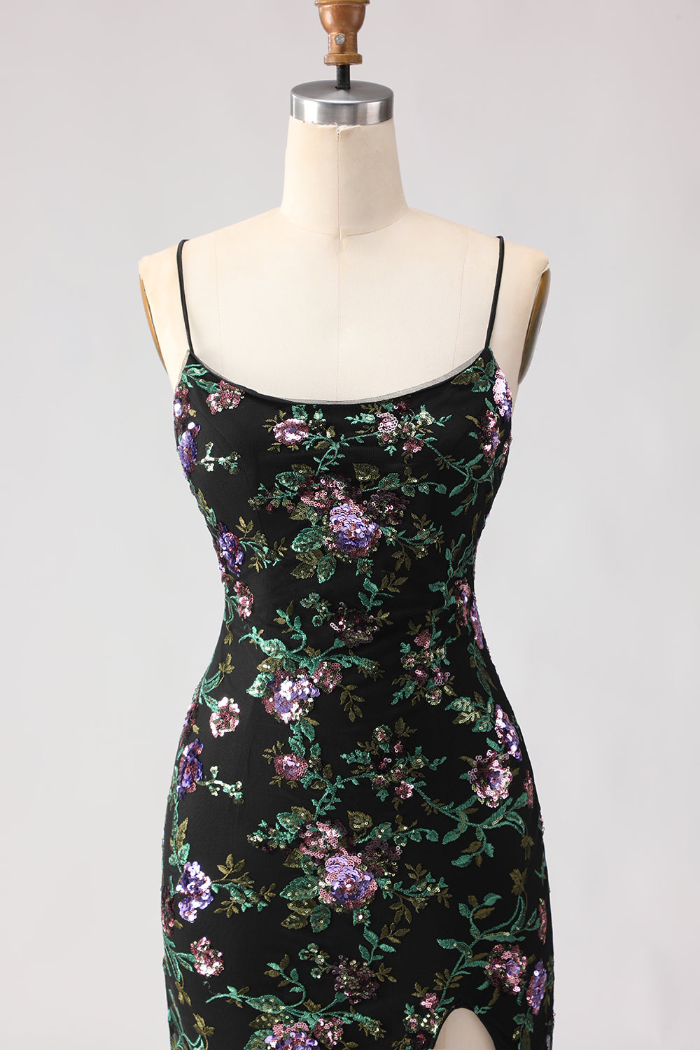 Black Purple Flower Mermaid Sequin Embroidered Prom Dress