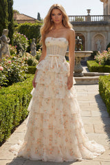 Champagne Orange Floral Corset A Line Strapless Prom Dress