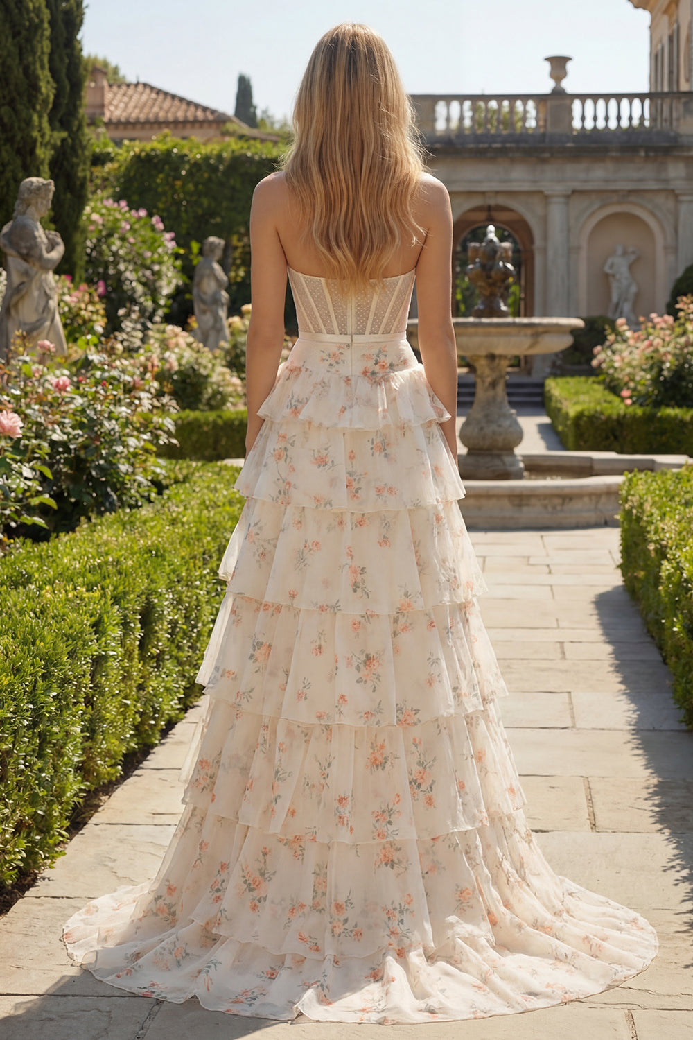 Yellow Blue Floral Strapless Corset A Line Prom Dress