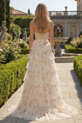 Champagne Orange Floral Corset A Line Strapless Prom Dress