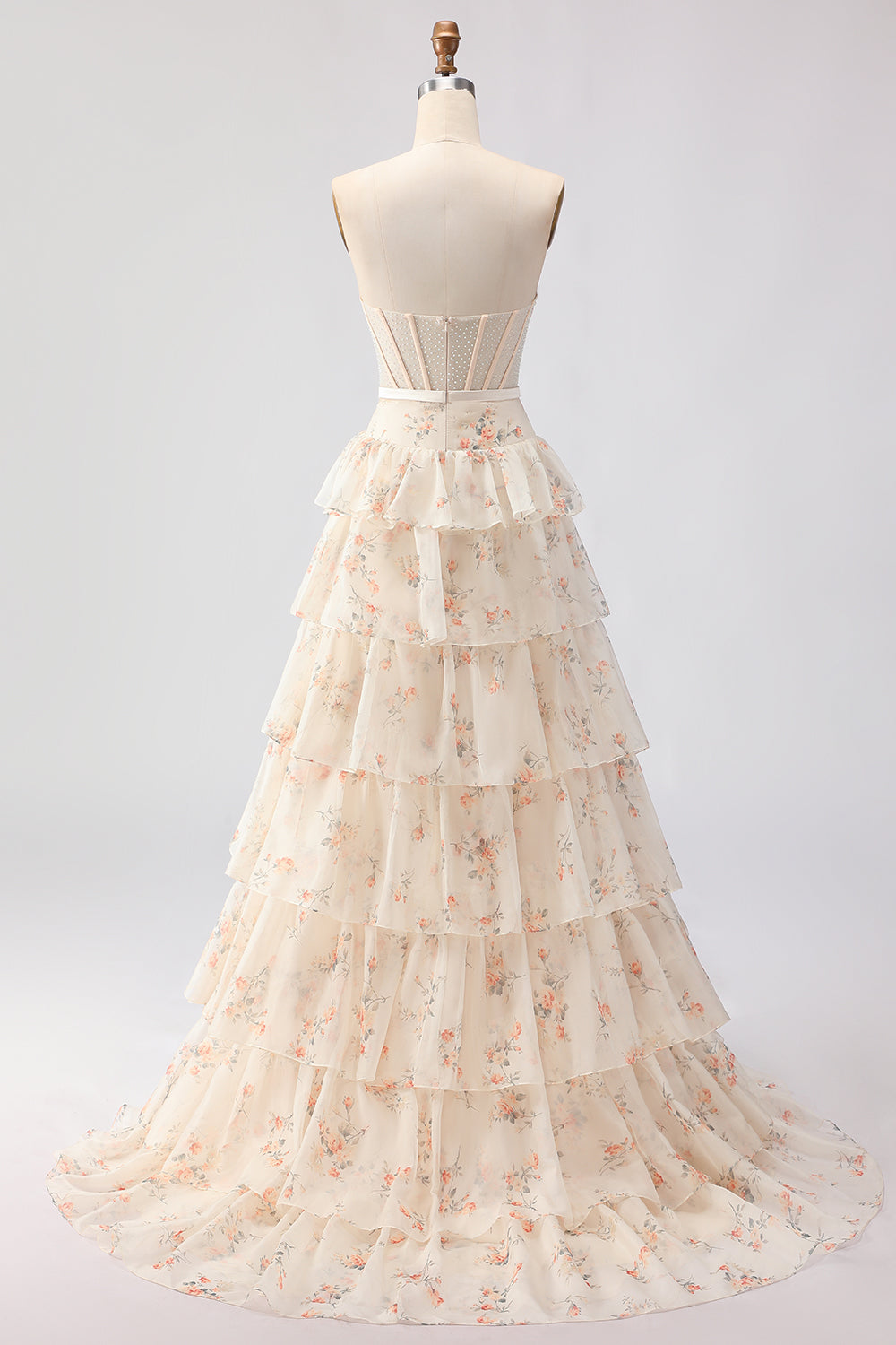 Yellow Blue Floral Strapless Corset A Line Prom Dress