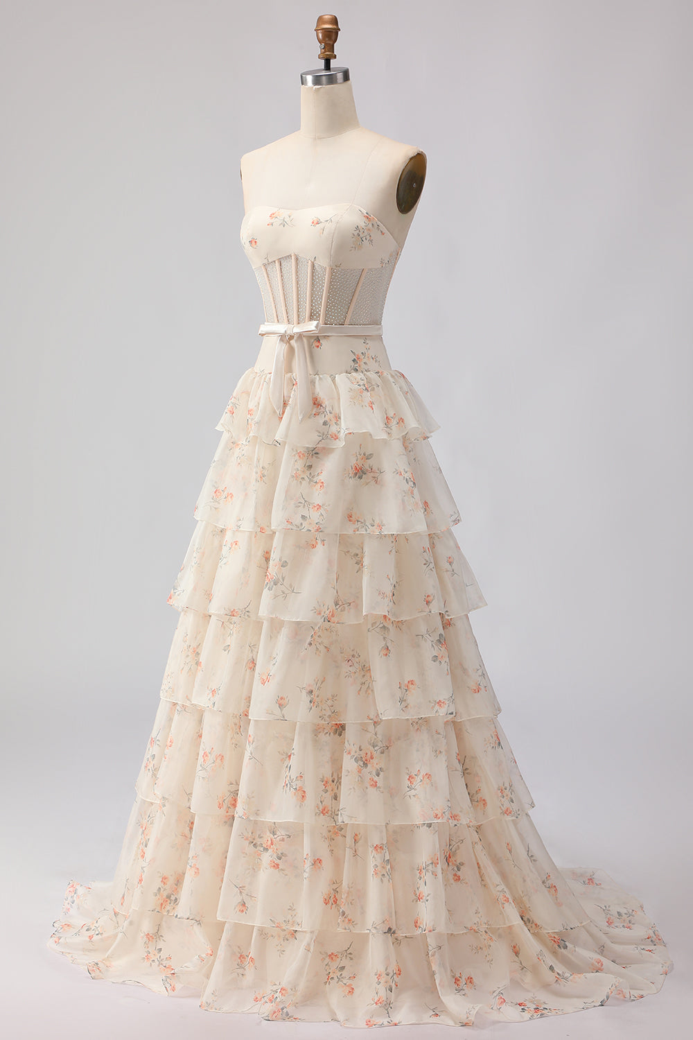 Champagne Orange Floral Corset A Line Strapless Prom Dress