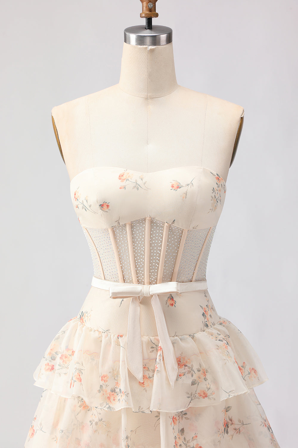 Champagne Orange Floral Corset A Line Strapless Prom Dress