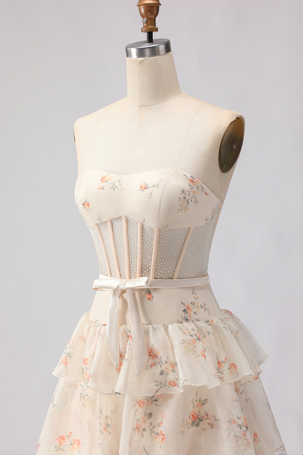 Strapless Pink Floral Corset A-Line Prom Dress With Ruffles