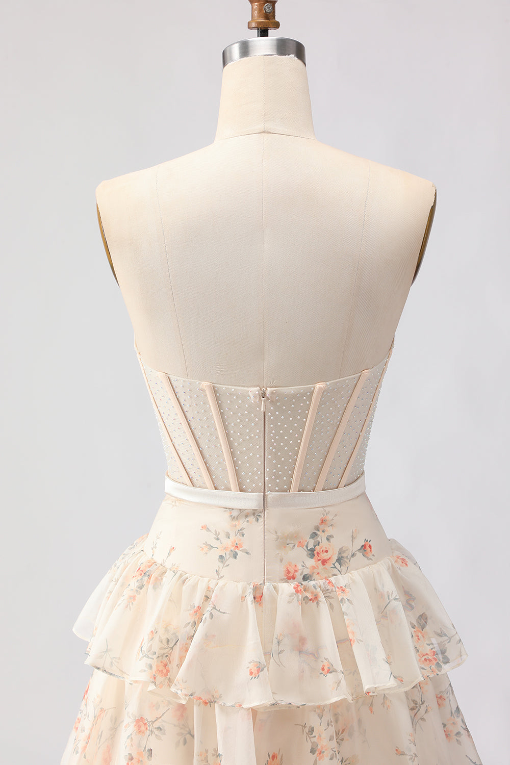 Strapless Pink Floral Corset A-Line Prom Dress With Ruffles