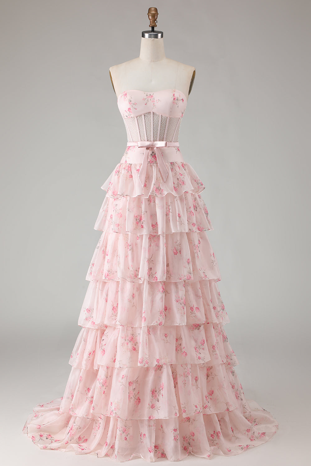 Yellow Blue Floral Strapless Corset A Line Prom Dress