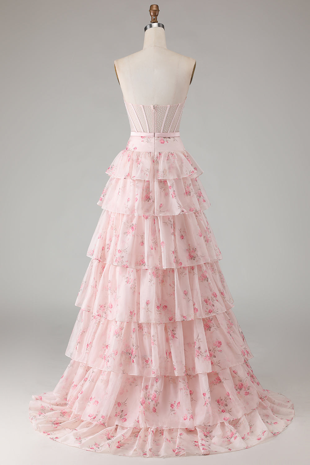 Yellow Blue Floral Strapless Corset A Line Prom Dress