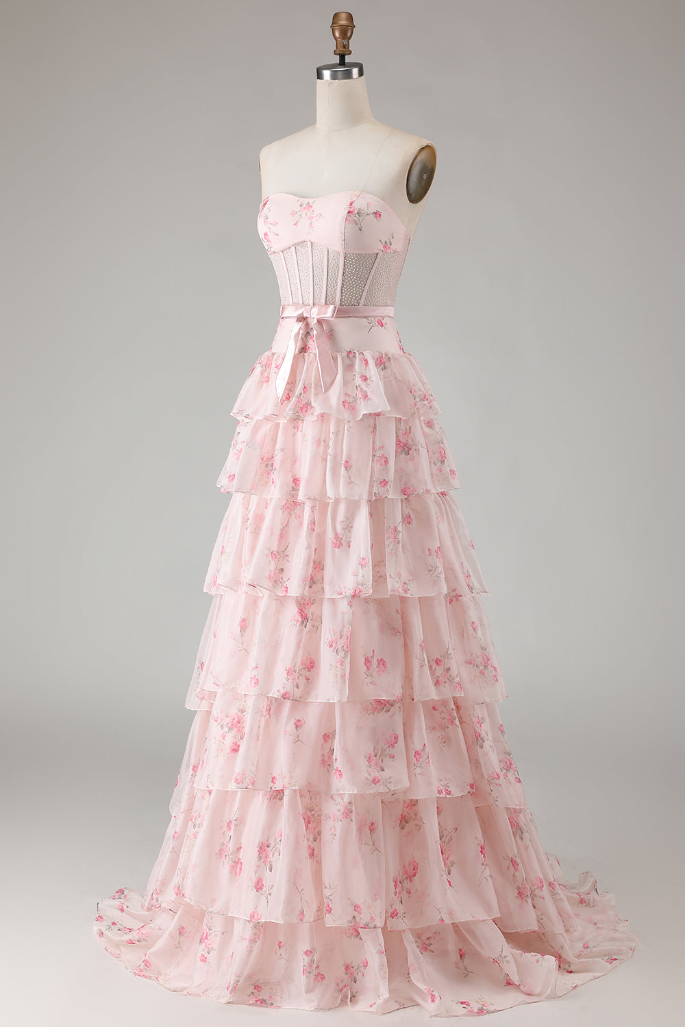 Champagne Orange Floral Corset A Line Strapless Prom Dress