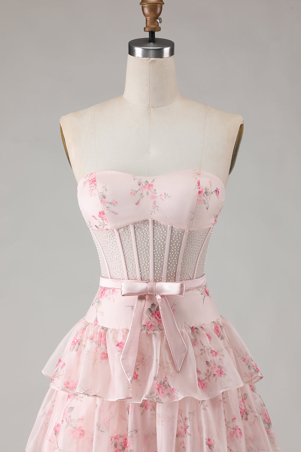 Champagne Orange Floral Corset A Line Strapless Prom Dress