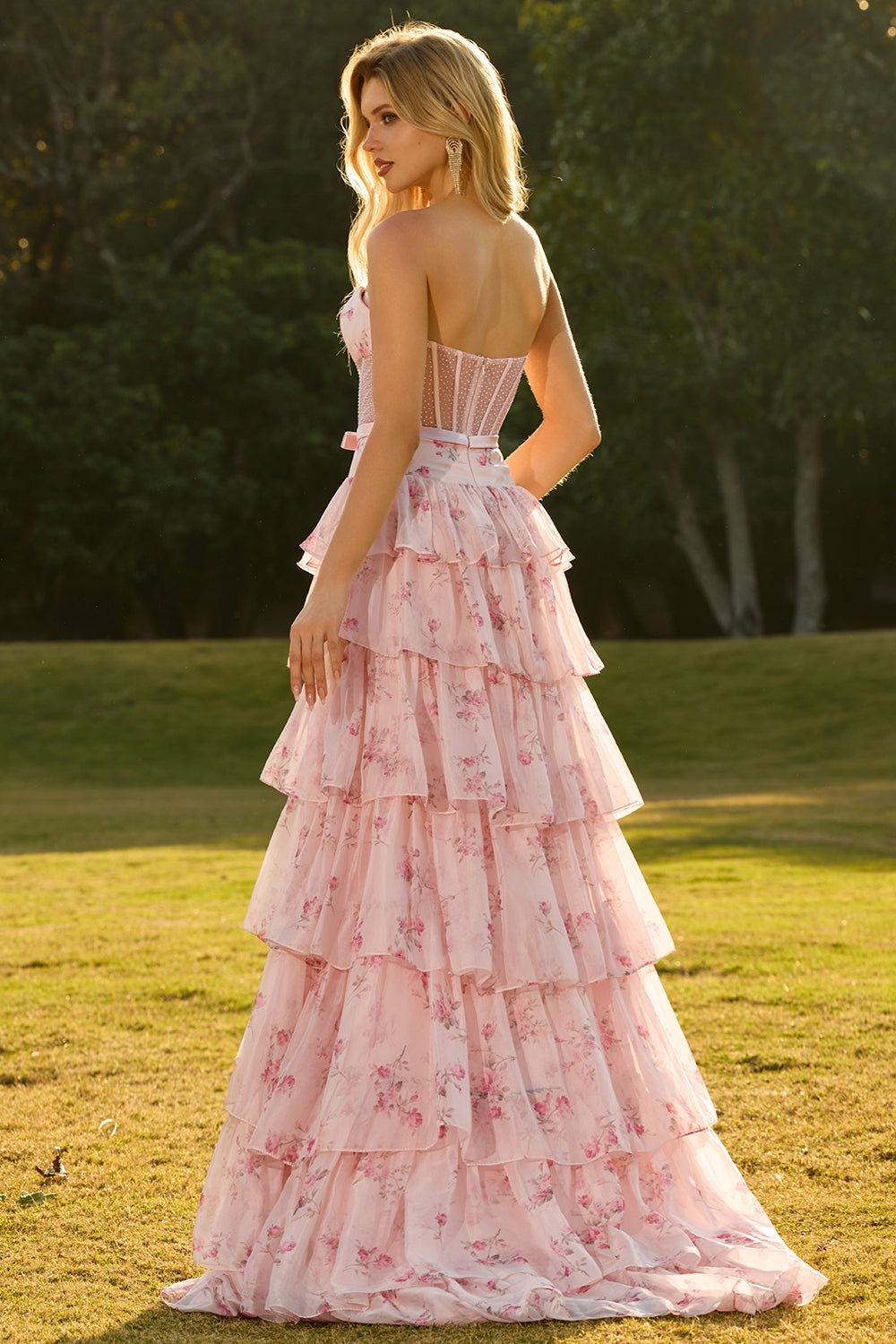Yellow Blue Floral Strapless Corset A Line Prom Dress