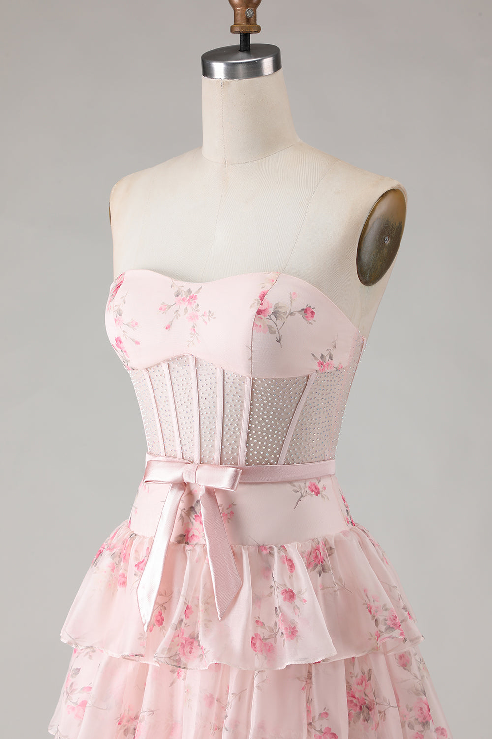 Champagne Orange Floral Corset A Line Strapless Prom Dress