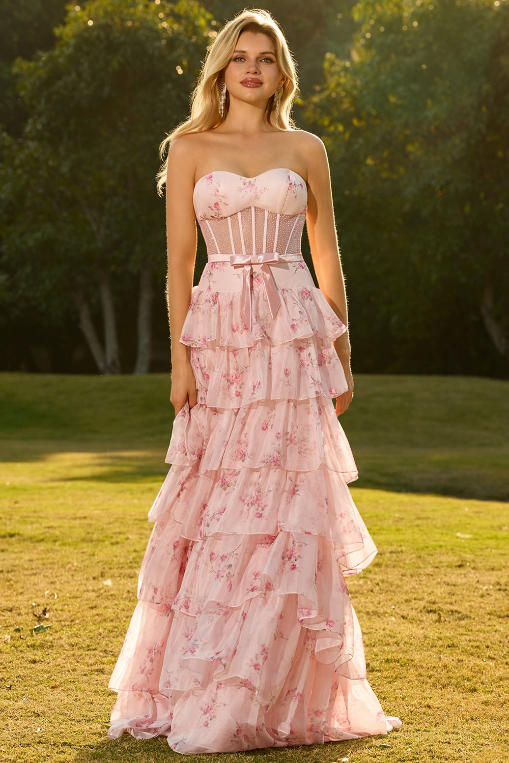 Champagne Orange Floral Corset A Line Strapless Prom Dress