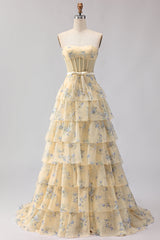Yellow Blue Floral Strapless Corset A Line Prom Dress