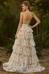 Yellow Blue Floral Strapless Corset A Line Prom Dress