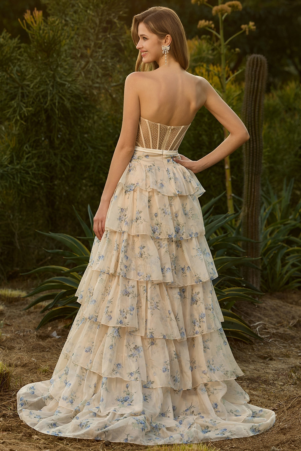 Champagne Orange Floral Corset A Line Strapless Prom Dress