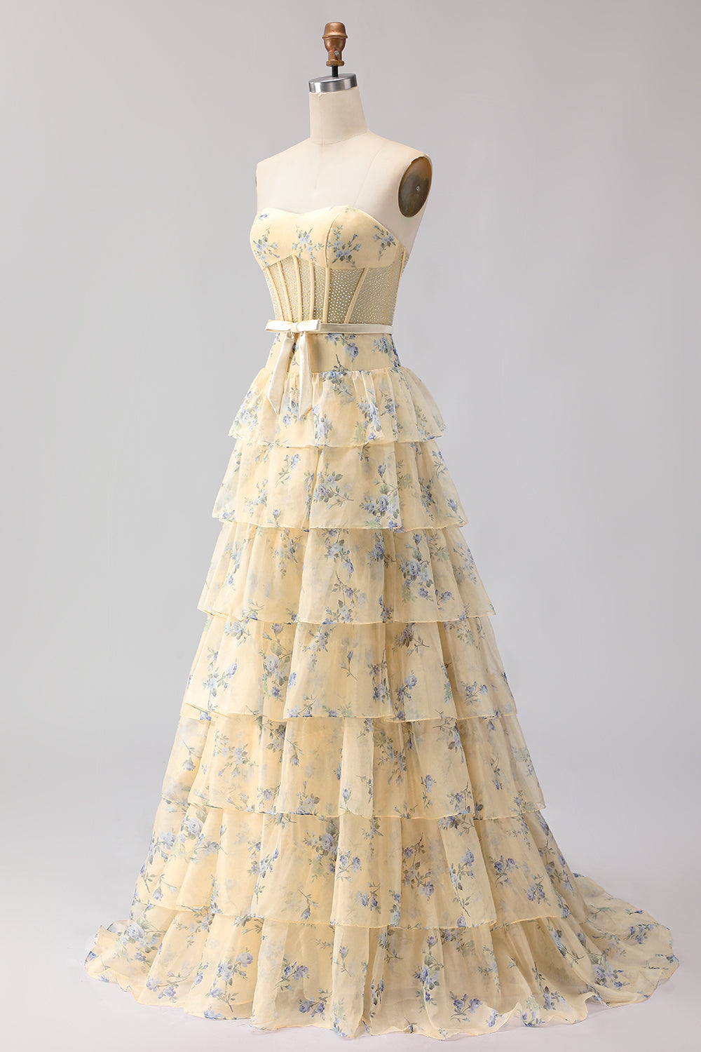 Strapless Pink Floral Corset A-Line Prom Dress With Ruffles