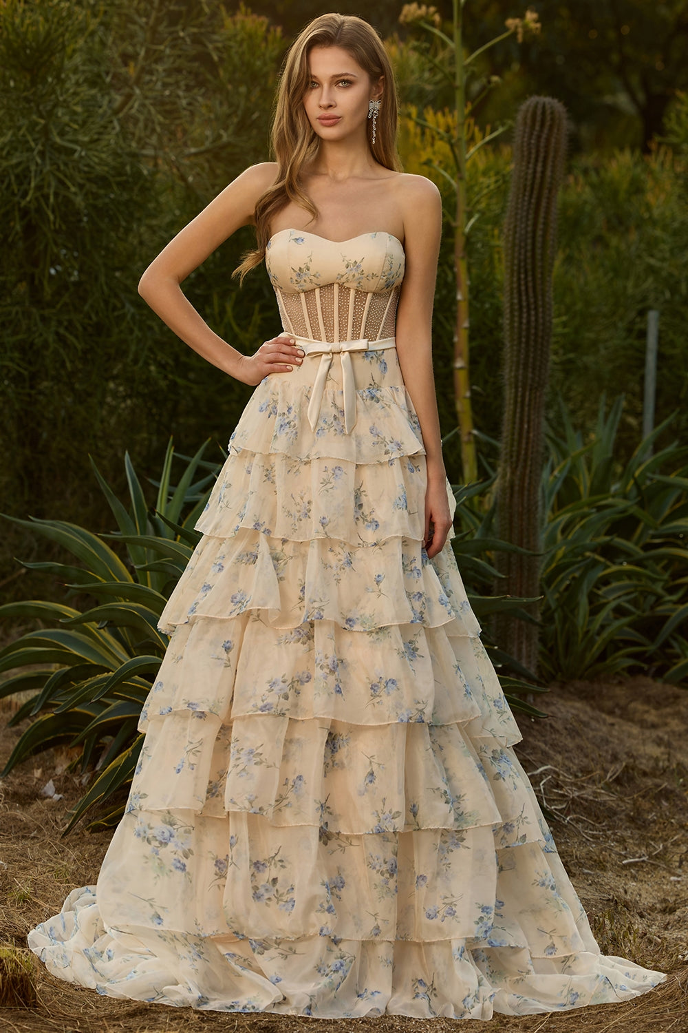 Strapless Pink Floral Corset A-Line Prom Dress With Ruffles