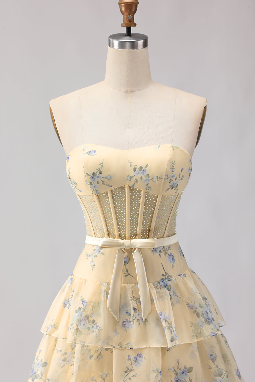 Yellow Blue Floral Strapless Corset A Line Prom Dress