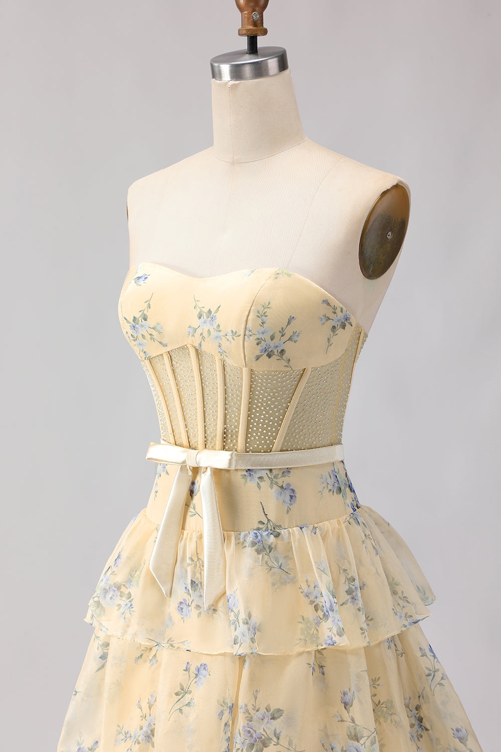 Yellow Blue Floral Strapless Corset A Line Prom Dress