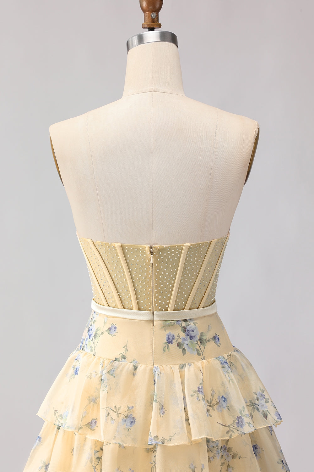 Champagne Orange Floral Corset A Line Strapless Prom Dress