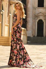 Strapless Corset Mermaid Black Red Floral Prom Dress