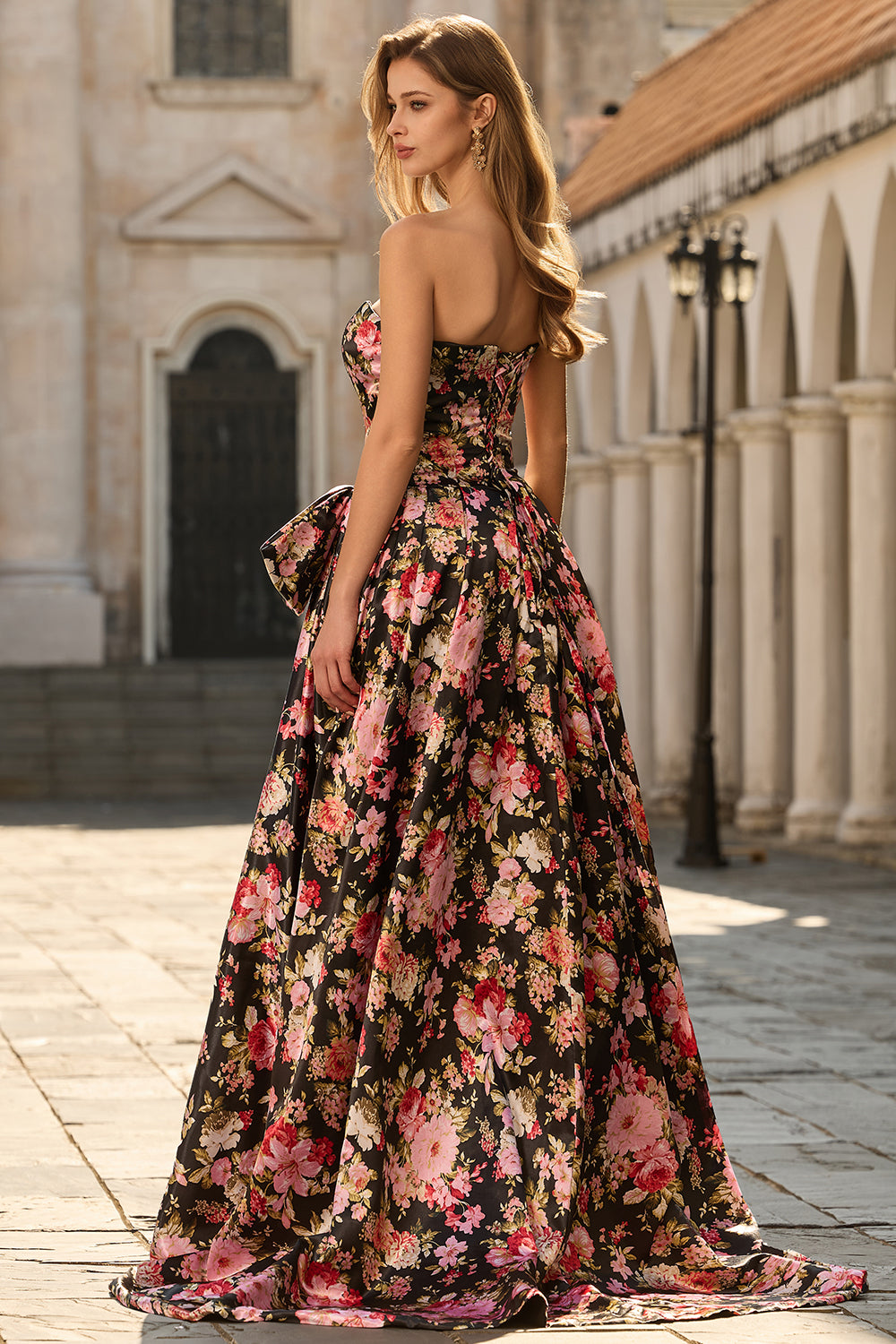 Strapless A Line Black Pink Floral Prom Dress