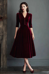 Burgundy A-Line V-Neck Midi Velvet Dress with Half Sleeves