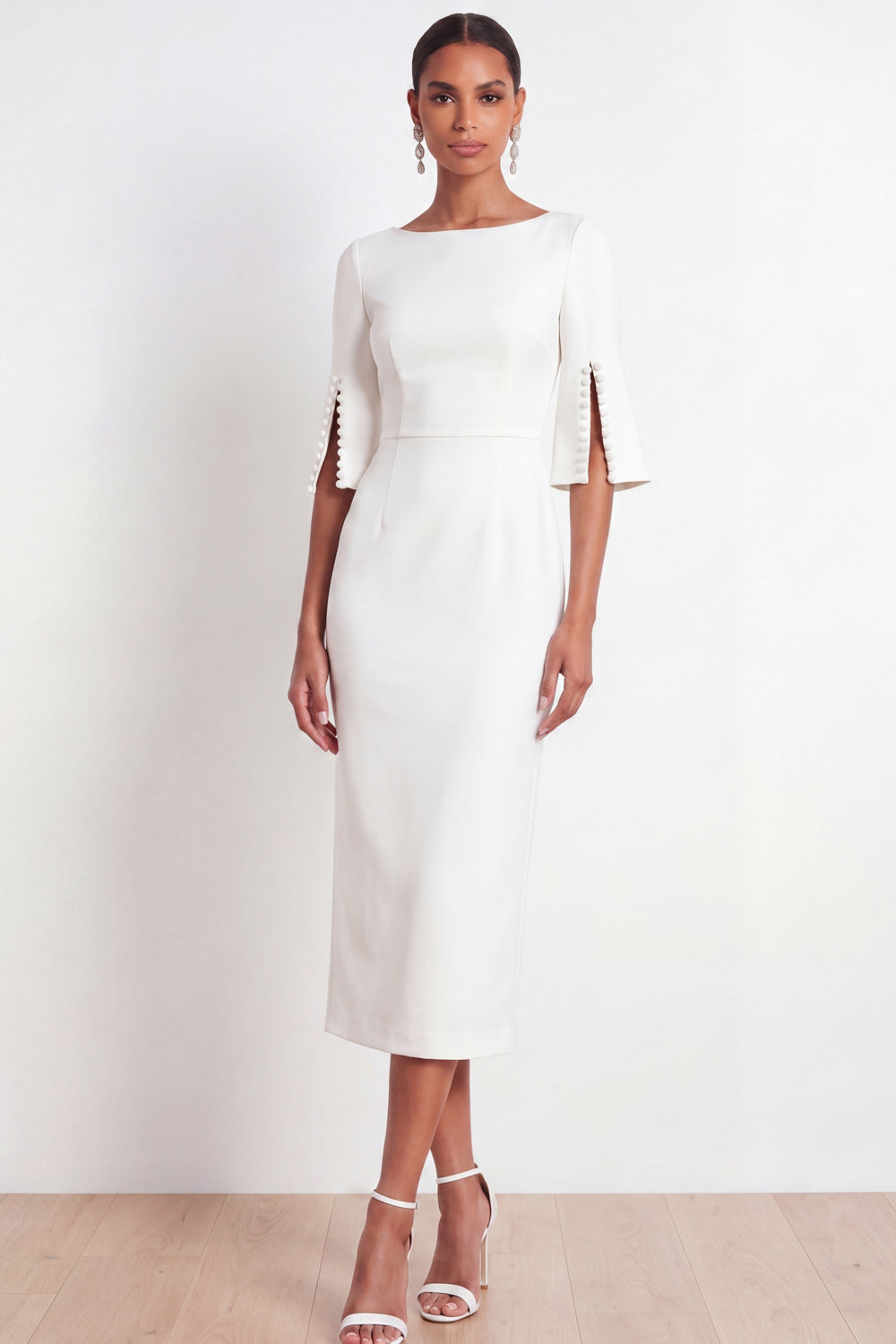 Black Bateau Neck Sheath Midi Formal Dress with Slit