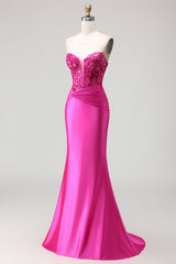 Fuchsia Mermaid Strapless Corset Prom Dress With Appliques