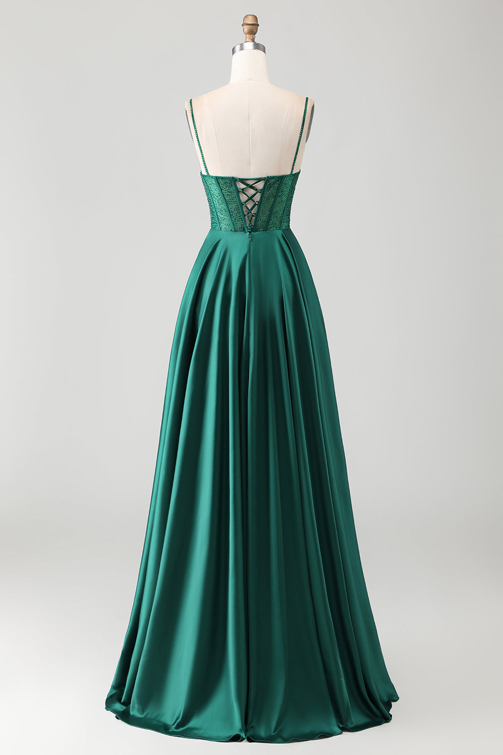 Dark Green A-Line Corset Spaghetti Straps Prom Dress With Beading