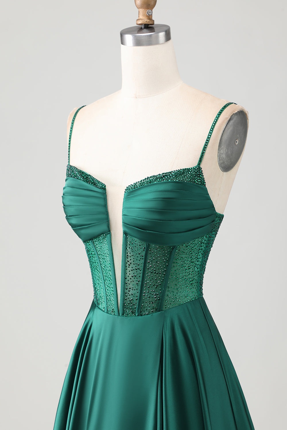 Dark Green A-Line Corset Spaghetti Straps Prom Dress With Beading